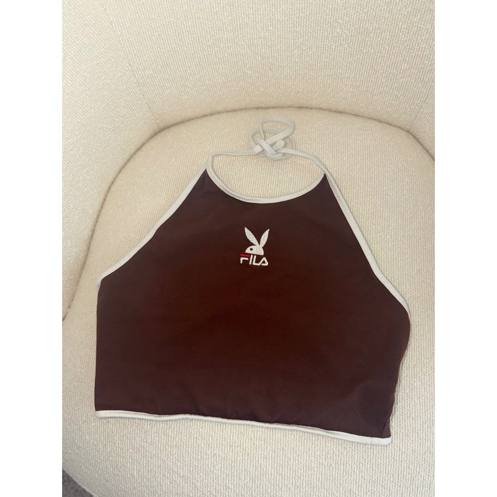Y2K Fila x Playboy Brown Halter Top Embroidered Logo Cropped Tank Size Medium